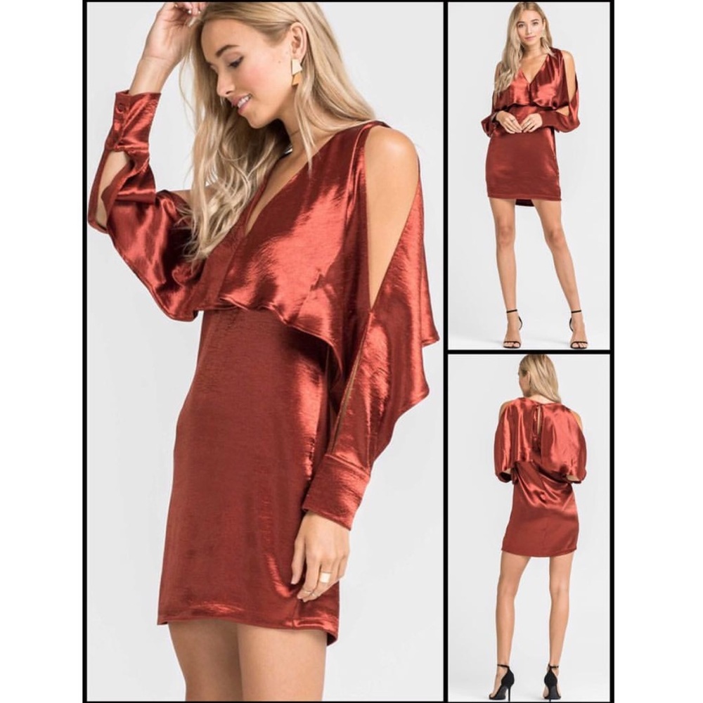 Satin copper cold shoulder cocktail dress